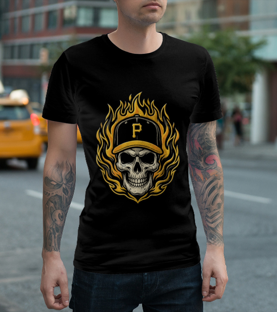 Pittsburgh Pirates Skull Baseball Cap Fire Crown Of Thorns T-Shirt