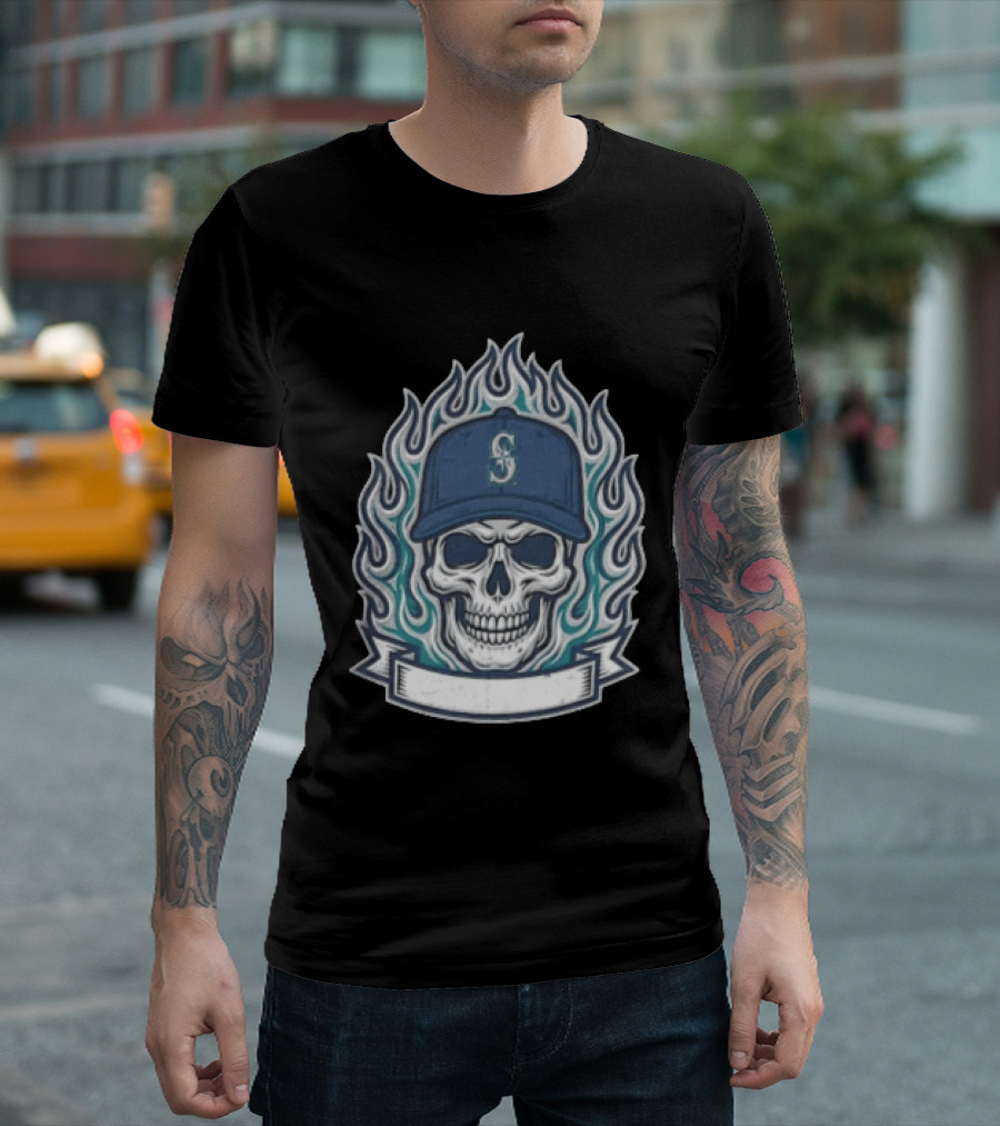 Seattle Mariners Skull Cap Flames Skeleton Angel Cross Wreath T-Shirt