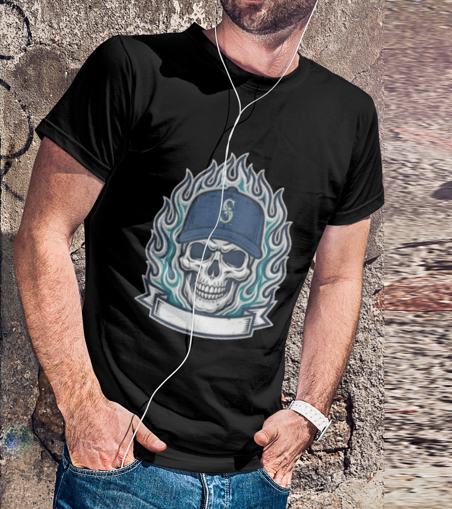 Seattle Mariners Skull Cap Flames Skeleton Angel Cross Wreath T-Shirt