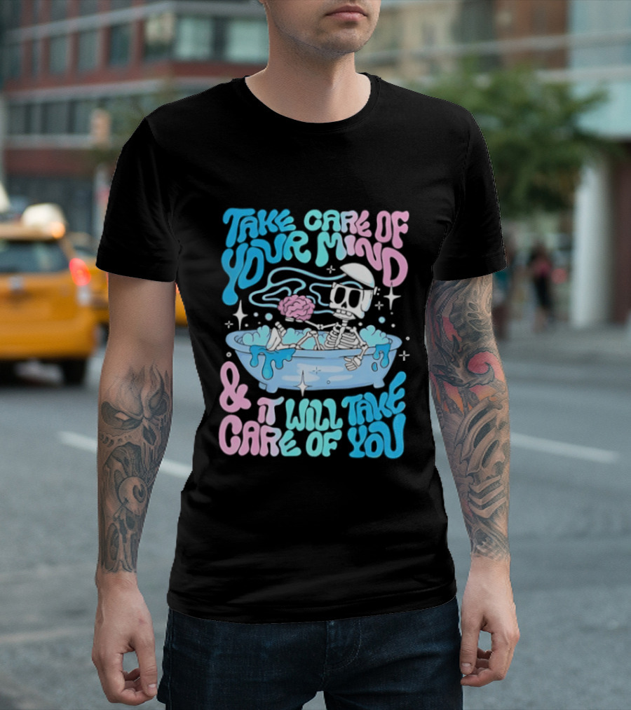 Skeleton Take Care Of Your Mind Neon Pastel Aesthetic T-Shirt
