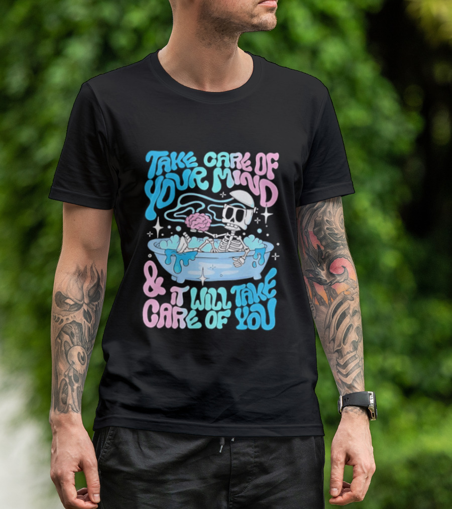 Skeleton Take Care Of Your Mind Neon Pastel Aesthetic T-Shirt