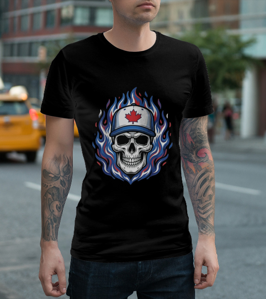 Toronto Blue Jays Skull Maple Leaf Flames T-Shirt