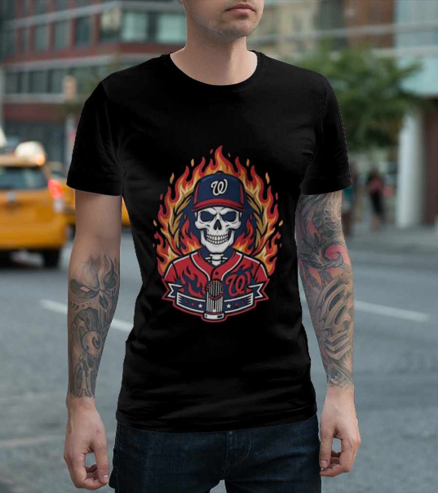 Washington Nationals Skull Baseball Cap Flames Cross Hands Thorns T-Shirt