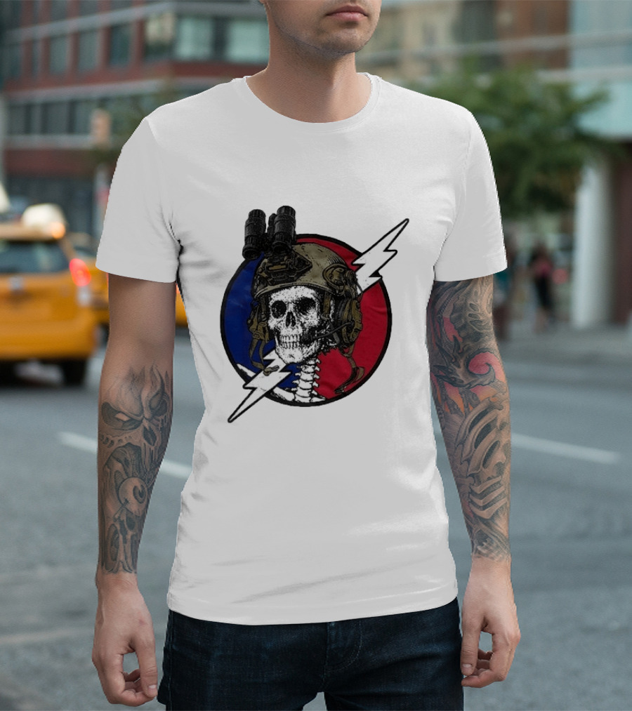 Grateful Dead Carry The Fire Skull With Helmet Lightning Bolt Blue Red Circle T-Shirt