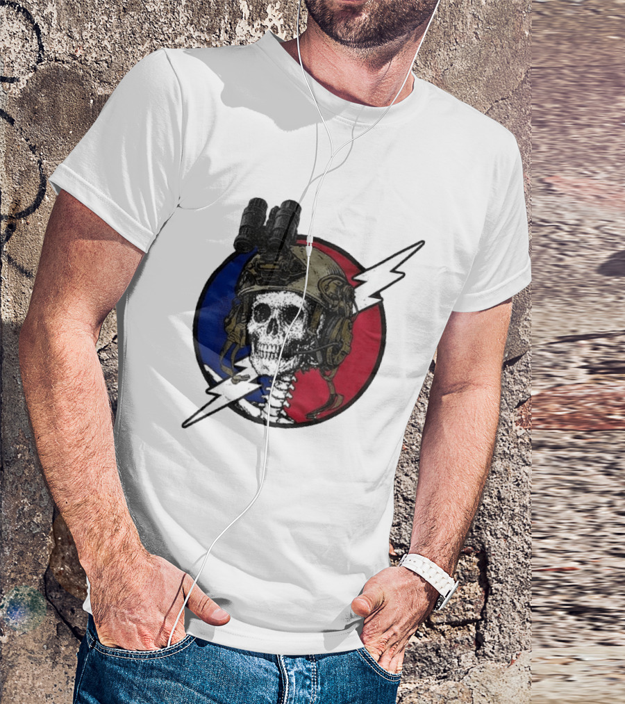 Grateful Dead Carry The Fire Skull With Helmet Lightning Bolt Blue Red Circle T-Shirt