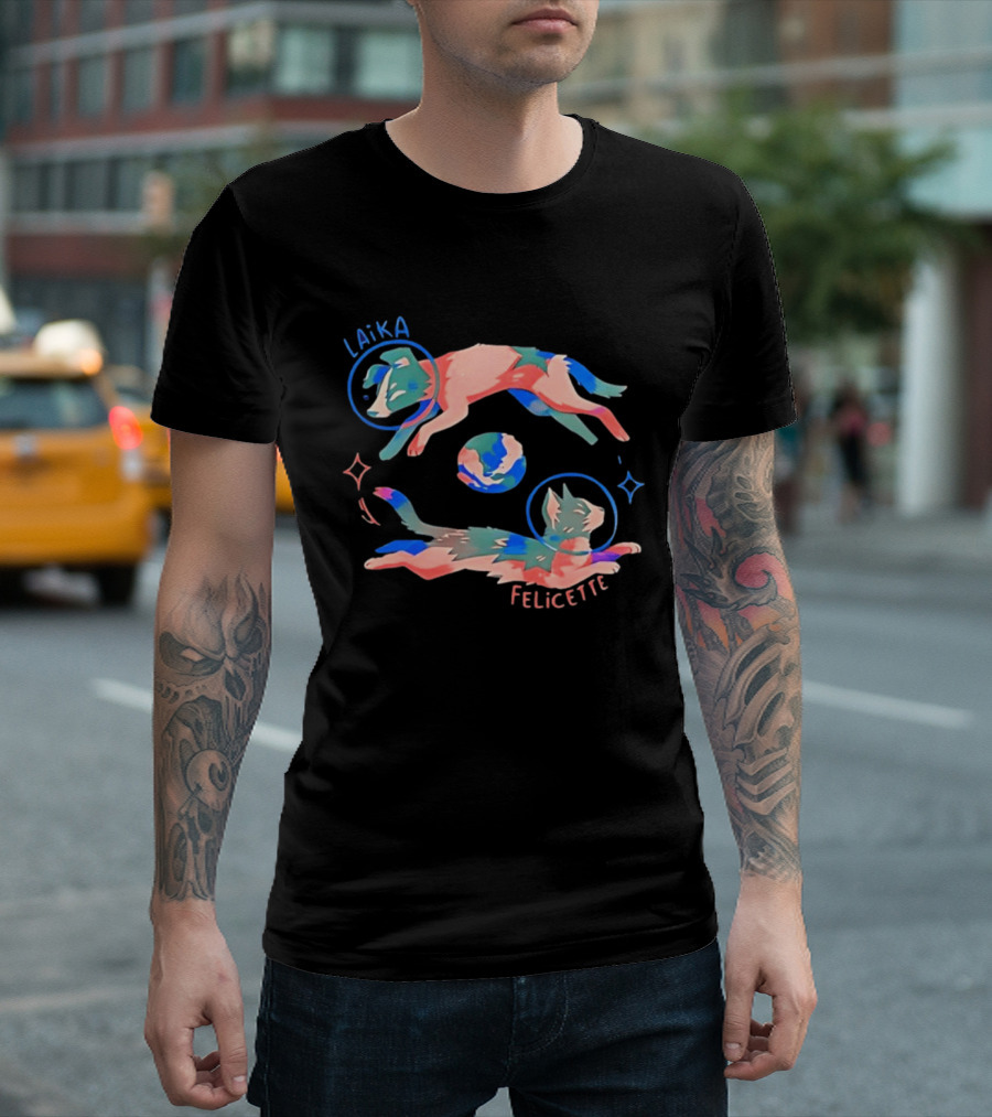 Felicette Cat And Laika Dog Celestial Orbit With Earth And Stars T-Shirt