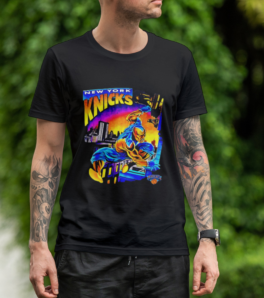 New York Knicks Superhero Action Skyline Scene T-Shirt