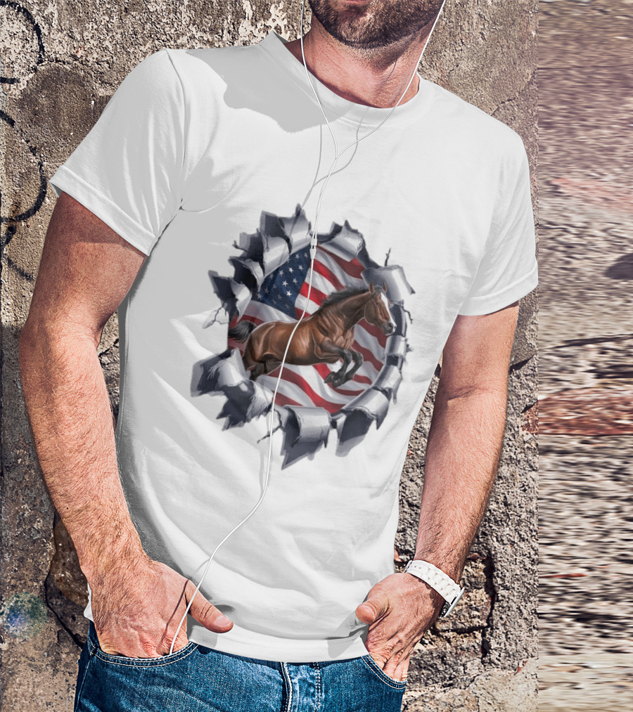 Escaping Horse With American Flag Background 3D Effect T-Shirt
