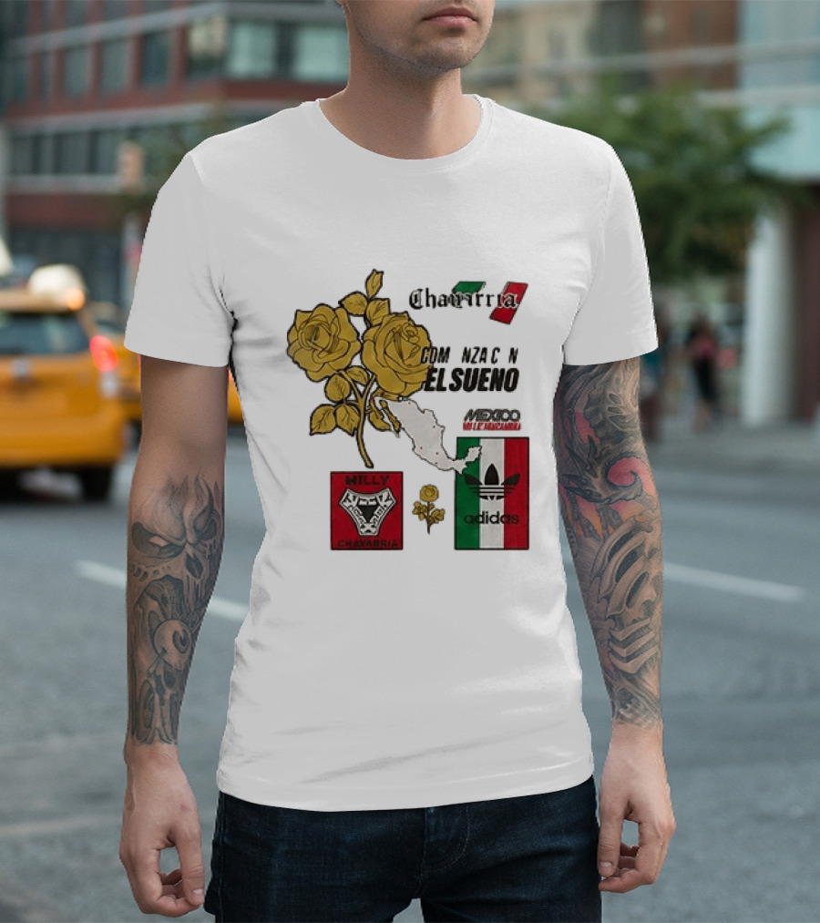 Mexico Willy Chavarria Adidas Comienza Con El Sueno 2026 Collaboration Gold Roses Map Mexican Flag T-Shirt