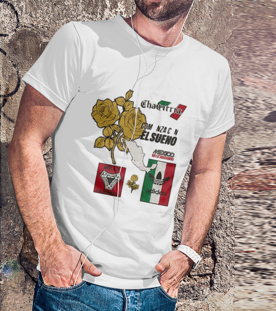 Mexico Willy Chavarria Adidas Comienza Con El Sueno 2026 Collaboration Gold Roses Map Mexican Flag T-Shirt