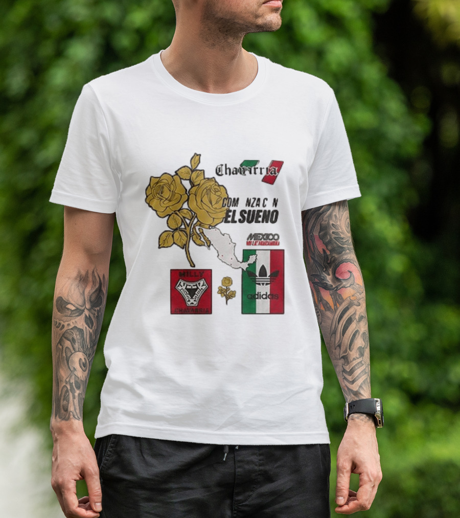 Mexico Willy Chavarria Adidas Comienza Con El Sueno 2026 Collaboration Gold Roses Map Mexican Flag T-Shirt