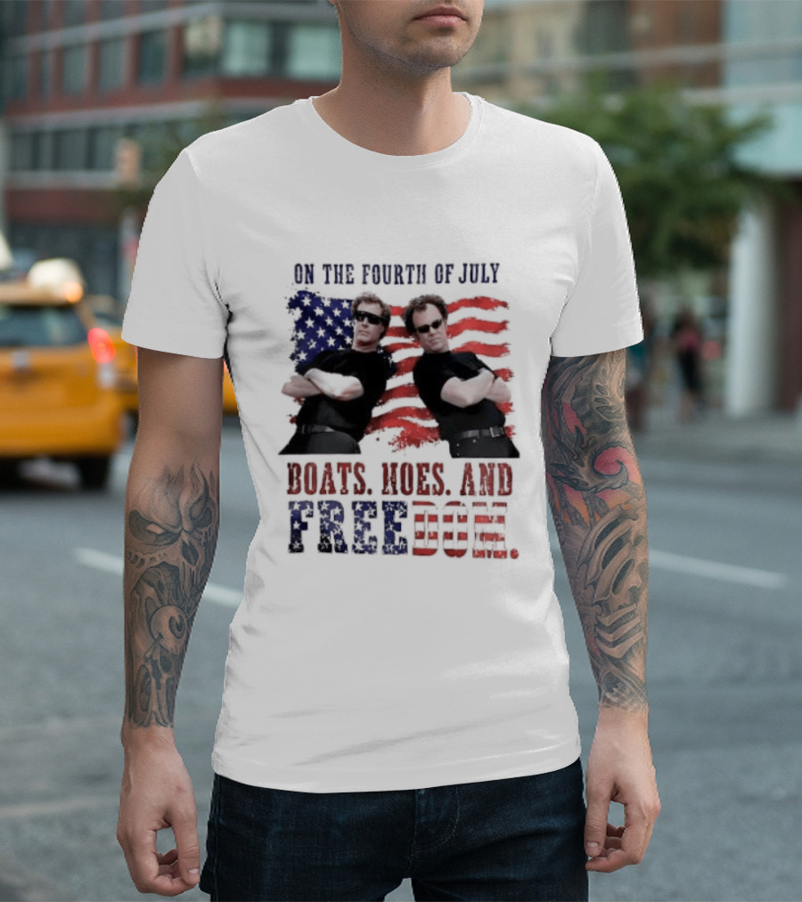 On The Fourth Of July Boats Hoes And Freedom Step Brothers American Flag T-Shirt