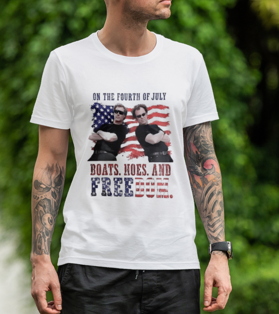 On The Fourth Of July Boats Hoes And Freedom Step Brothers American Flag T-Shirt