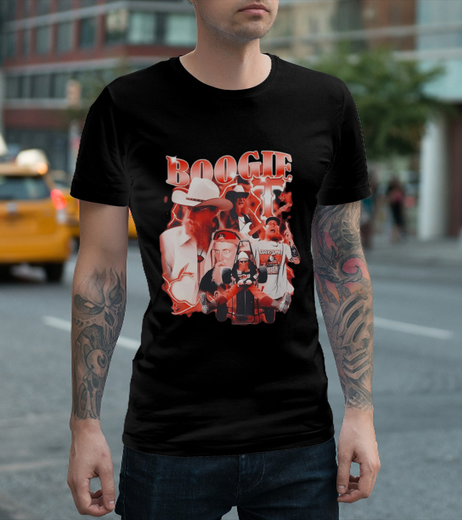 Boogie Get Faced Cowboy Hat Guitar Racing Collage T-Shirt