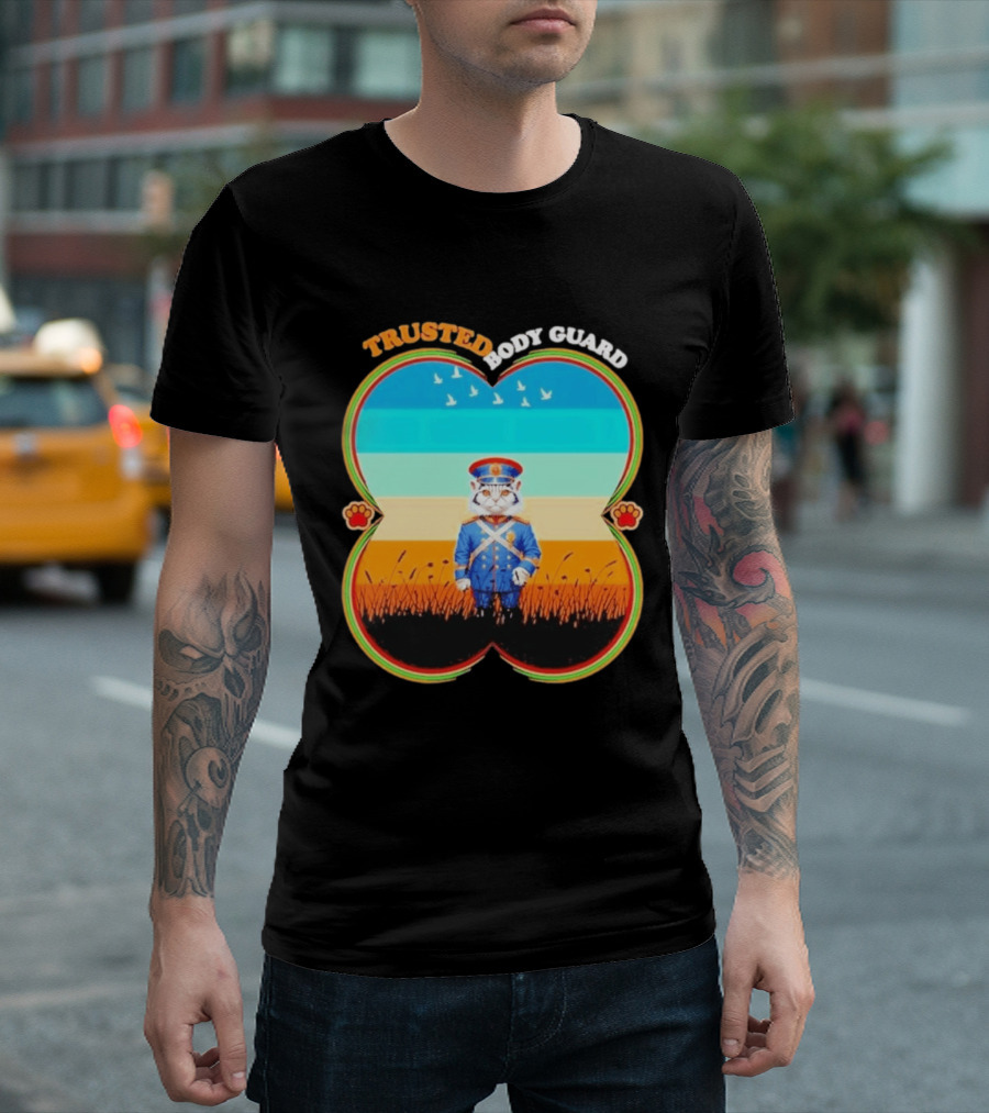 Trusted Body Guard Cat In Uniform With Sunset And Bird T-Shirt