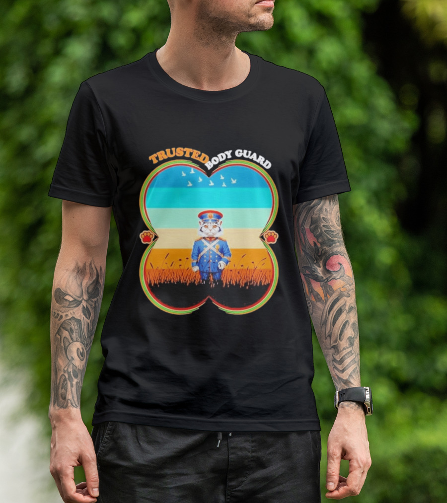 Trusted Body Guard Cat In Uniform With Sunset And Bird T-Shirt