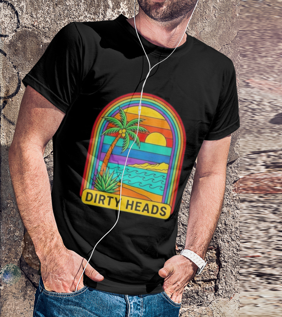 Dirty Heads Vibrant Sunset Beach Scene With Palm Tree And Waves T-Shirt