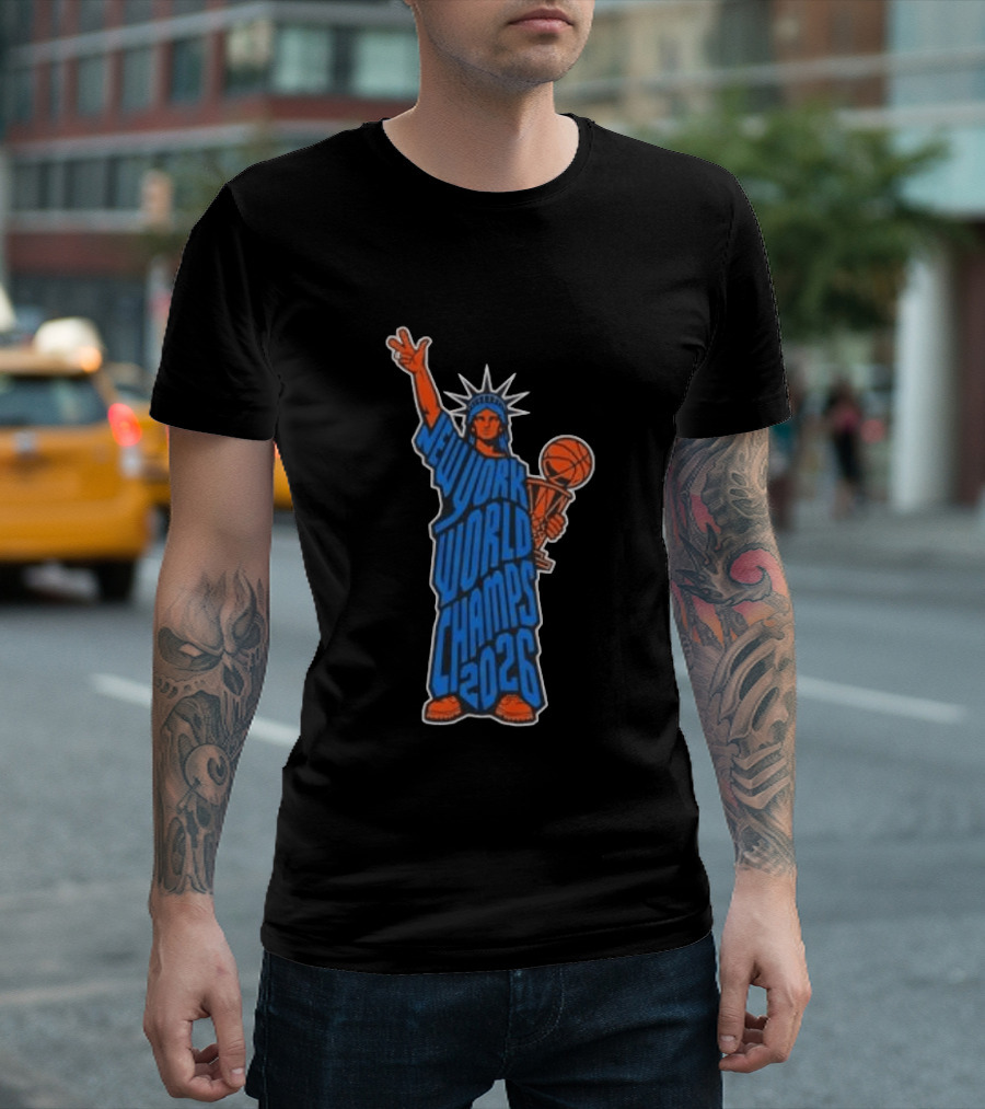 New York Knicks Statue Of Liberty World Champs 2026 Trophy T-Shirt