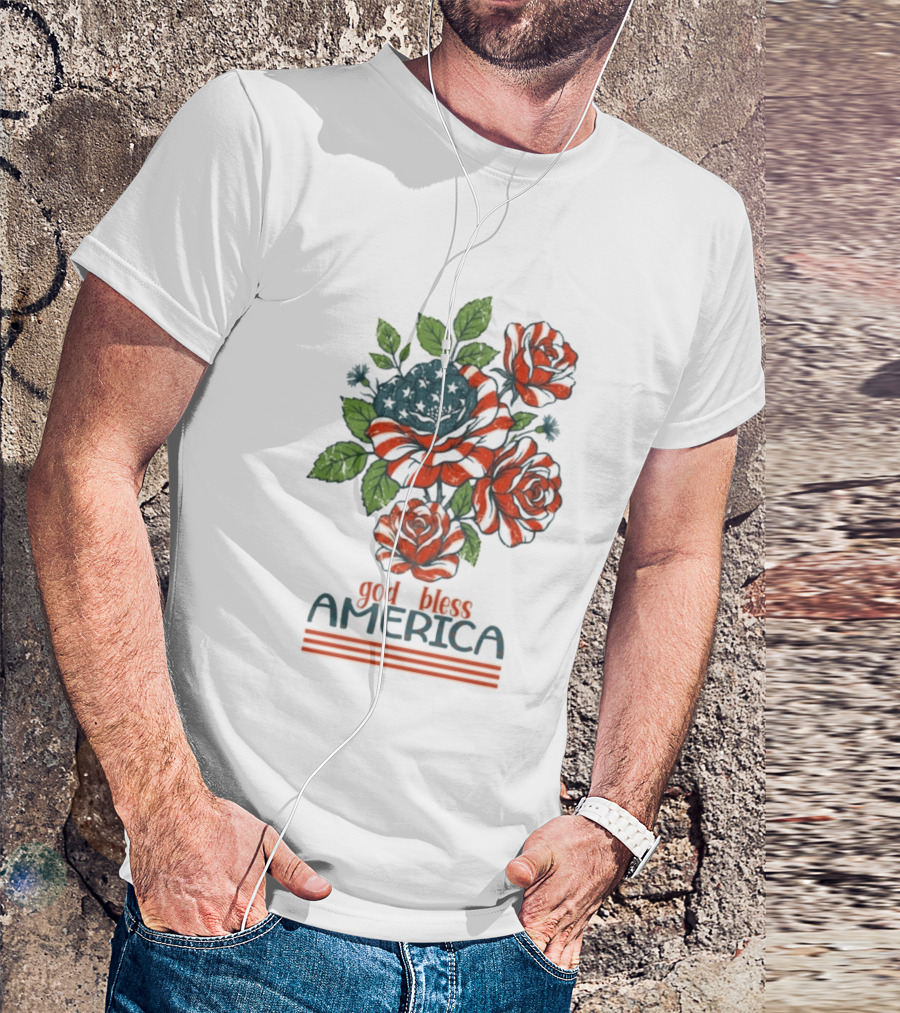 Patriotic Floral God Bless America Roses With Red White Blue Stripes T-Shirt