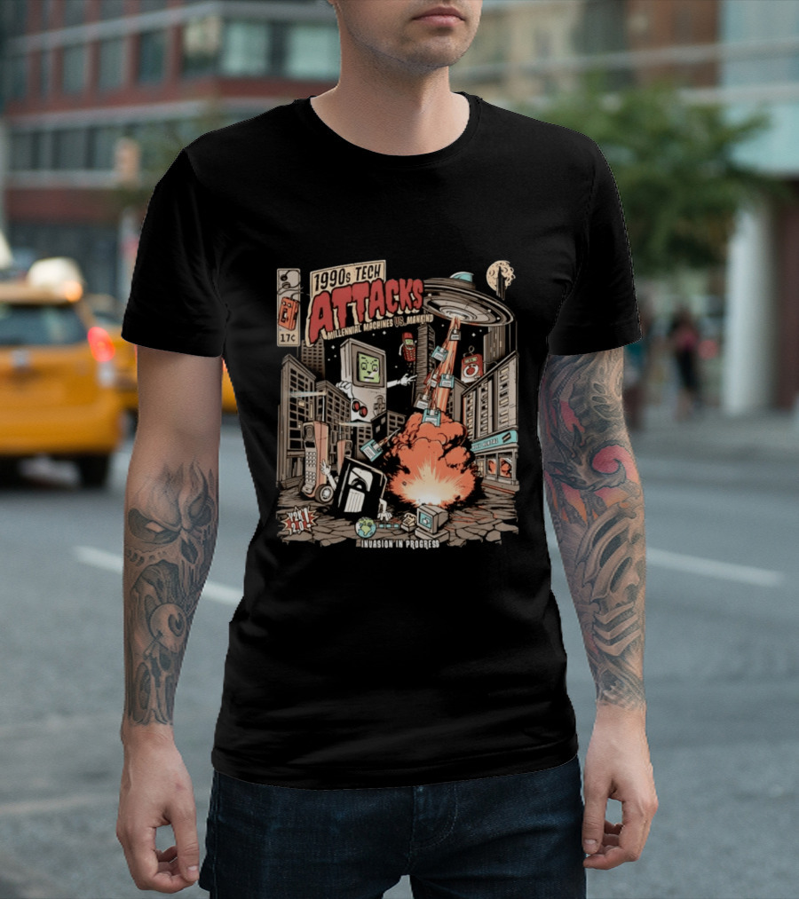 1990s Tech Attacks Millennial Machines Vs Mankind Invasion In Progress Y2K 2.0 T-Shirt
