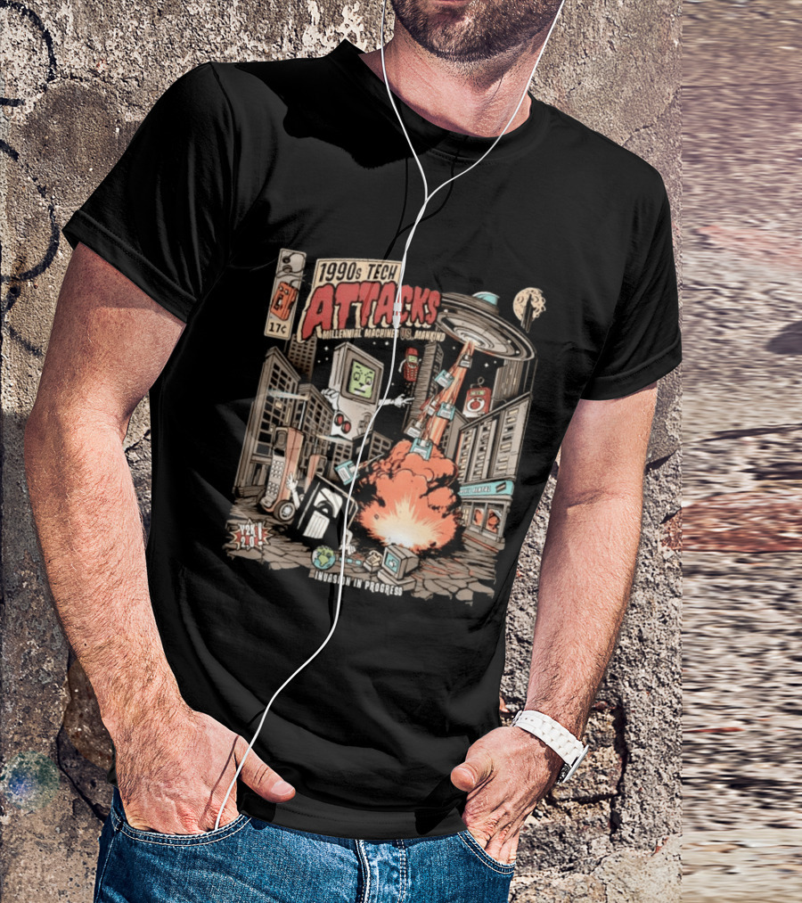 1990s Tech Attacks Millennial Machines Vs Mankind Invasion In Progress Y2K 2.0 T-Shirt