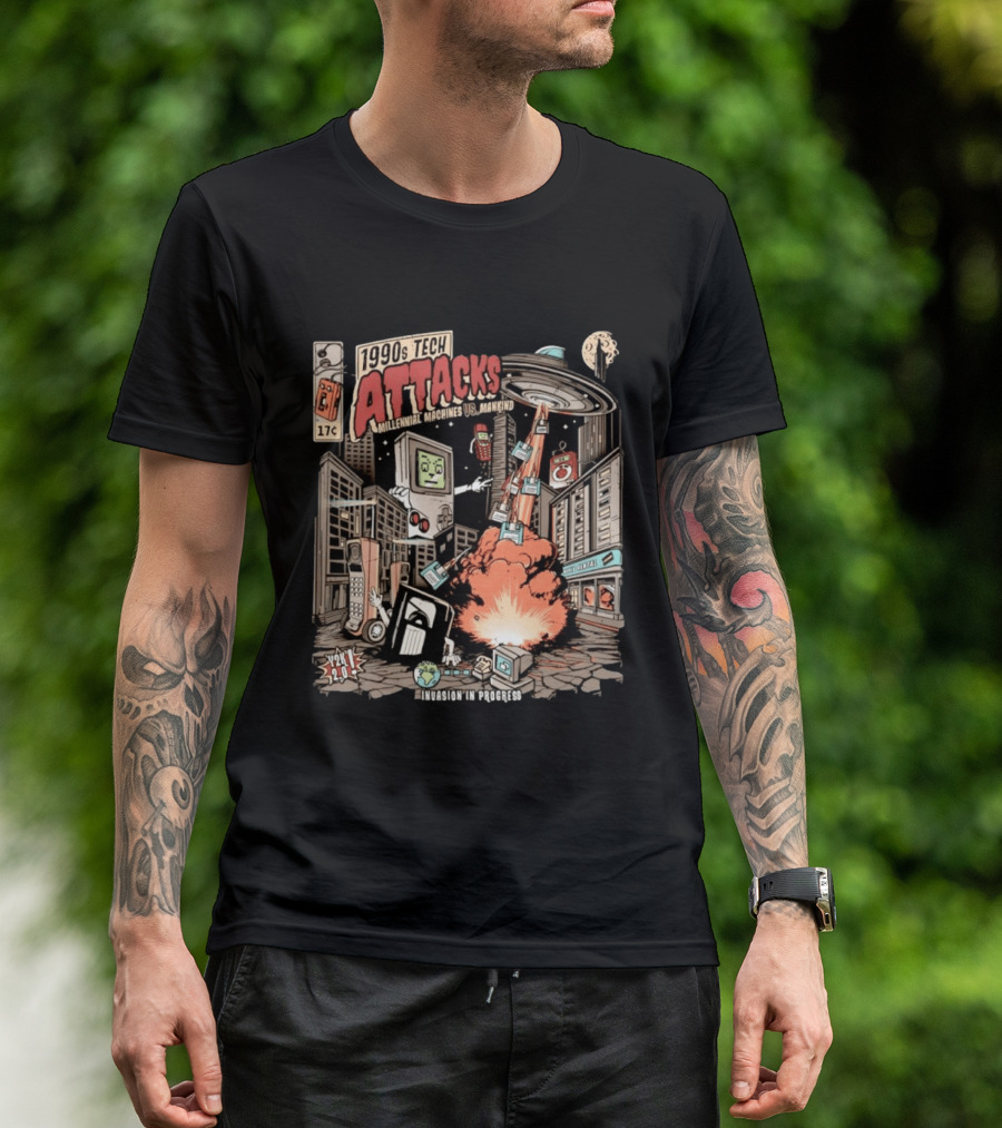 1990s Tech Attacks Millennial Machines Vs Mankind Invasion In Progress Y2K 2.0 T-Shirt