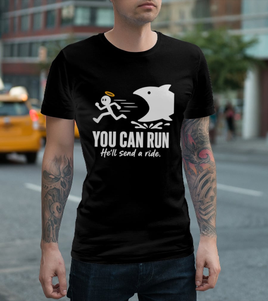 Angel Fleeing Shark You Can Run He'll Send A Ride Humor T-Shirt