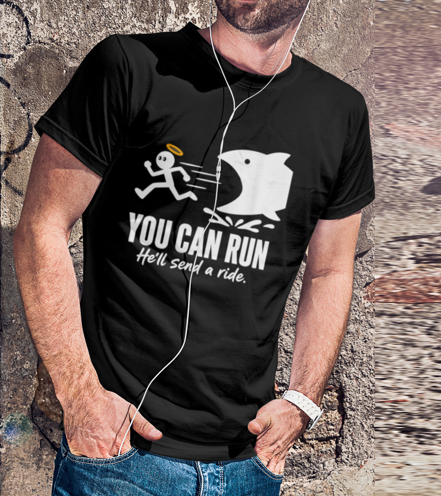 Angel Fleeing Shark You Can Run He'll Send A Ride Humor T-Shirt