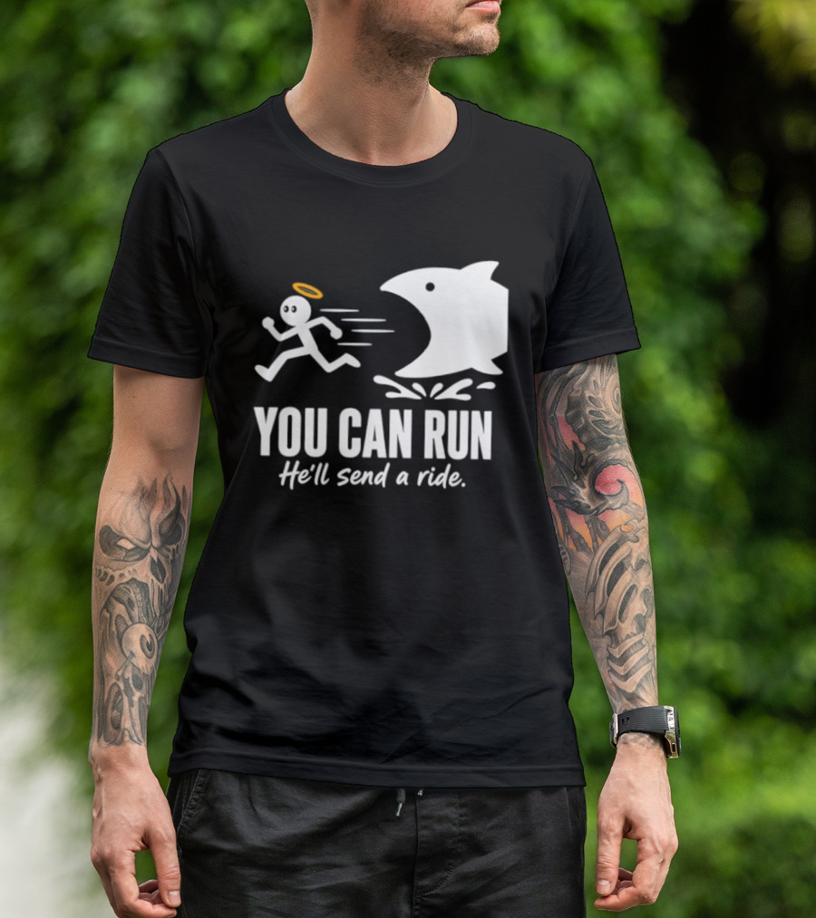 Angel Fleeing Shark You Can Run He'll Send A Ride Humor T-Shirt