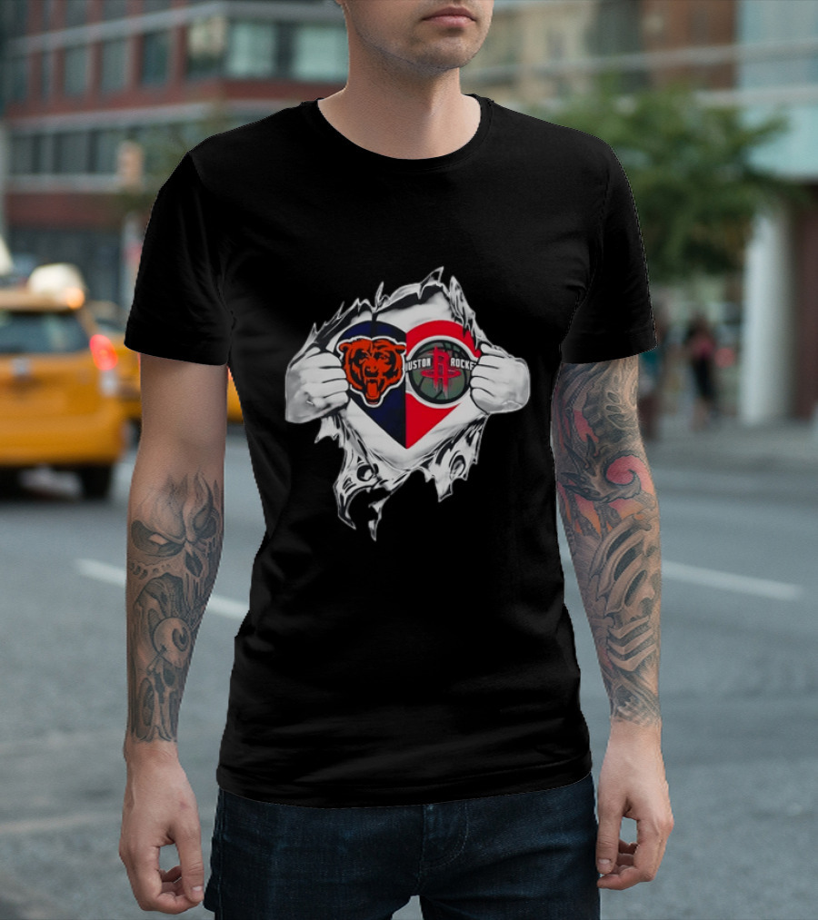 Chicago Bears Houston Rockets Ripped Chest Duo Logo Fan Gear T-Shirt