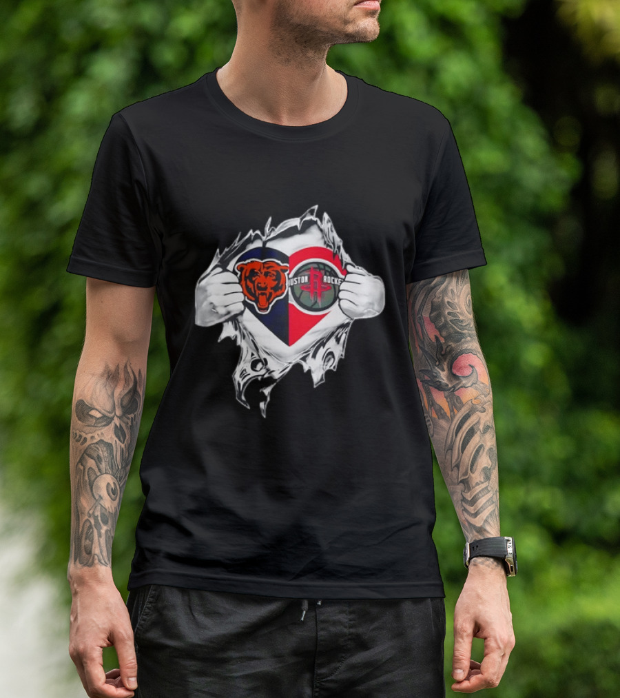 Chicago Bears Houston Rockets Ripped Chest Duo Logo Fan Gear T-Shirt
