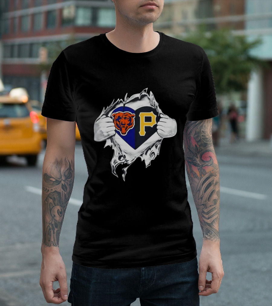 Chicago Bears Pittsburgh Pirates Heart Ripped Open Dual Team Loyalty T-Shirt