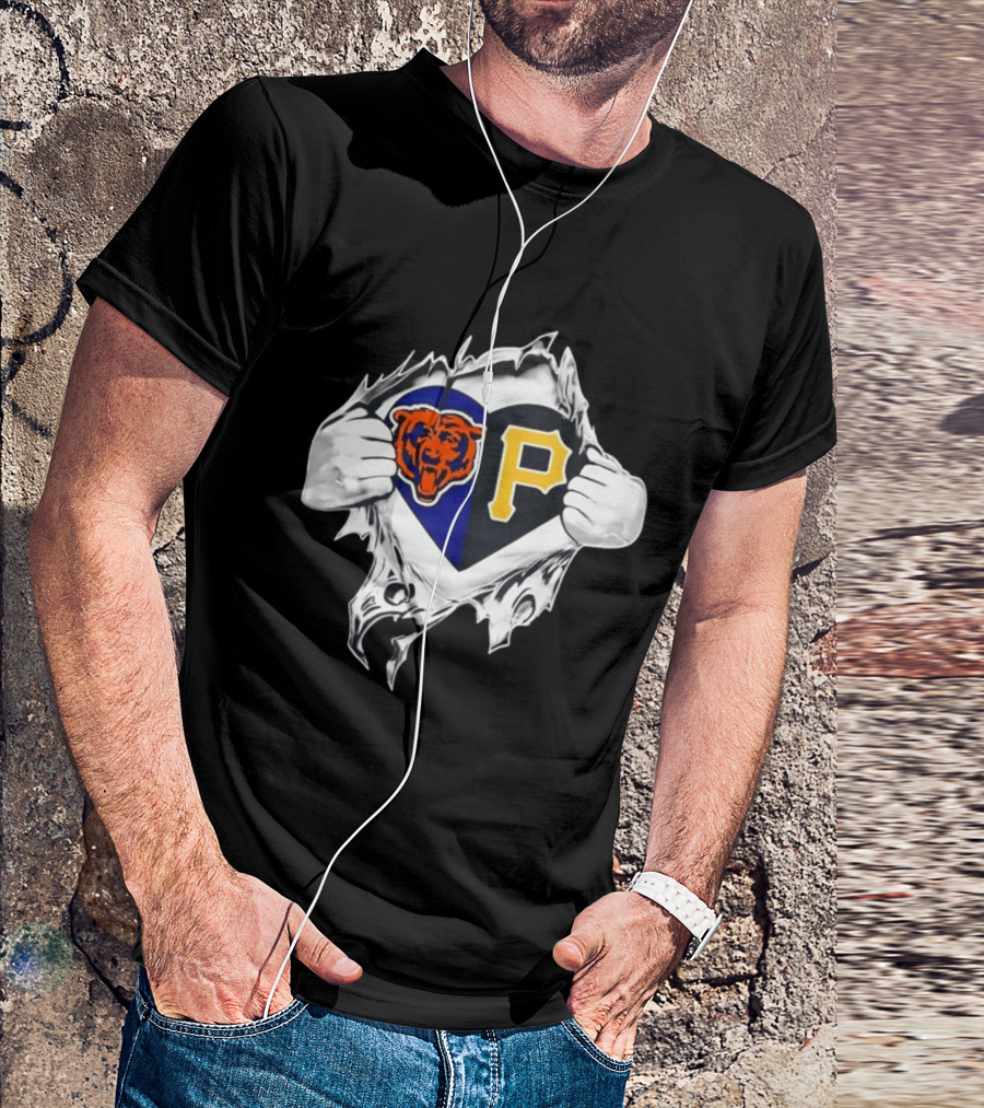 Chicago Bears Pittsburgh Pirates Heart Ripped Open Dual Team Loyalty T-Shirt