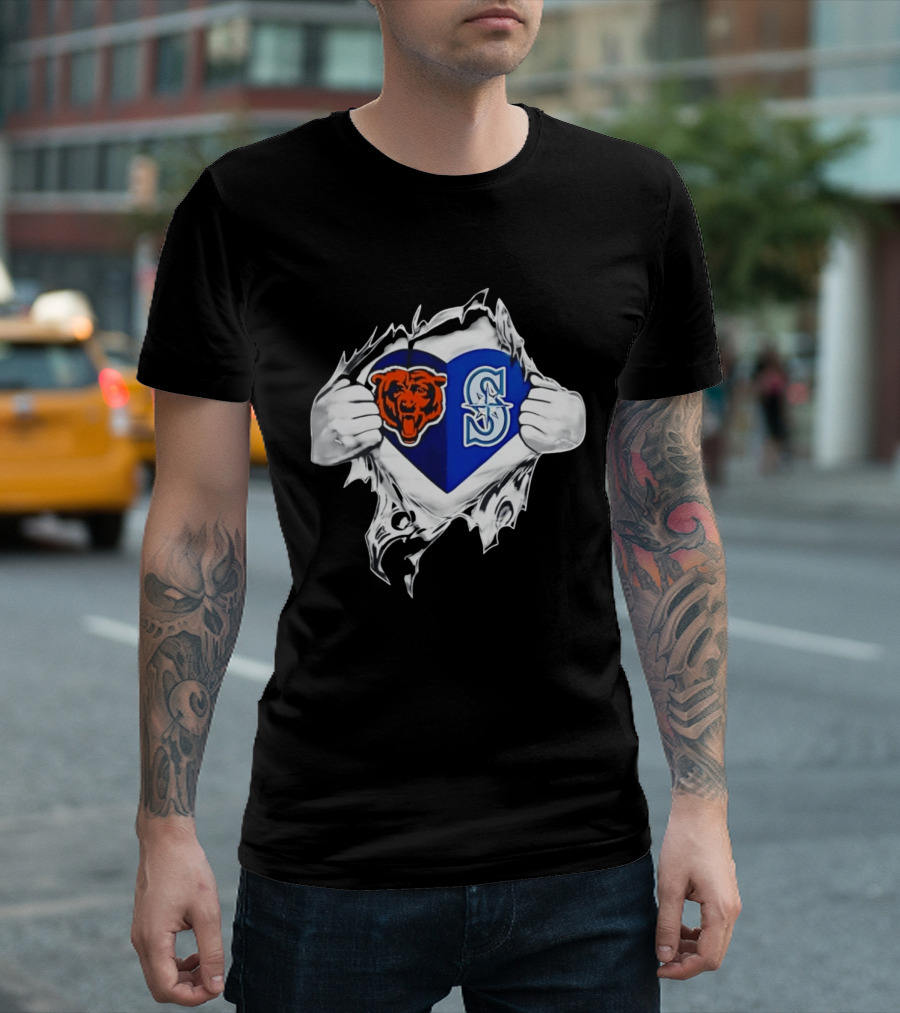 Chicago Bears Seattle Mariners Heart Ripping Through Chest Sports Fan T-Shirt