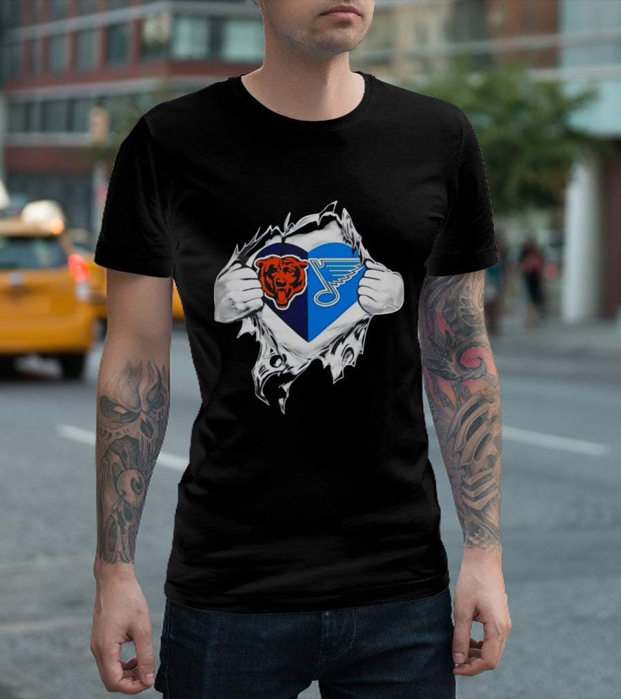 Chicago Bears St Louis Blues Heart Ripping Open Chest Fans Passion Fusion T-Shirt