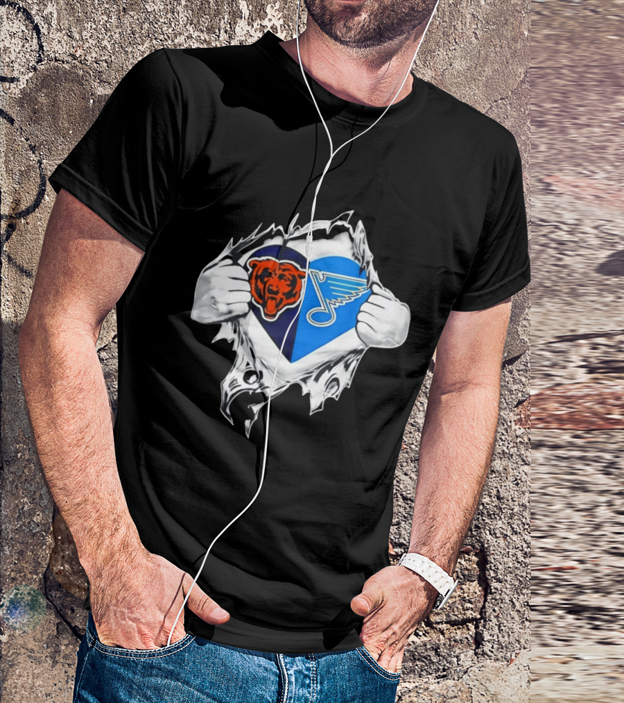 Chicago Bears St Louis Blues Heart Ripping Open Chest Fans Passion Fusion T-Shirt