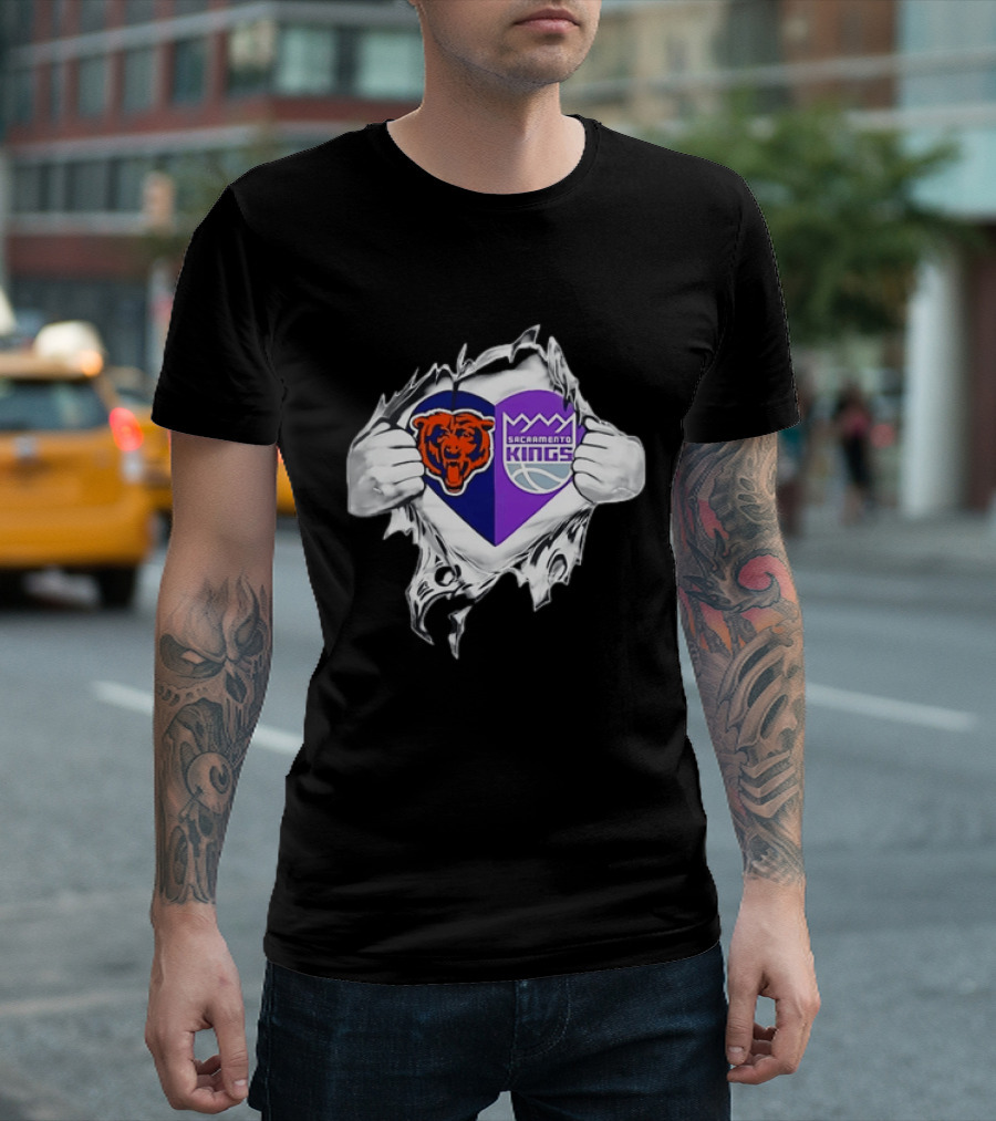 Heart Rip Chicago Bears Sacramento Kings Fan Logo Combo T-Shirt