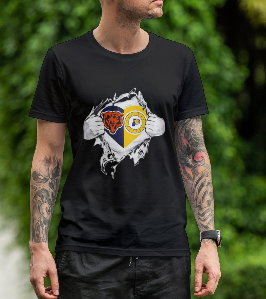 Heart Ripping Open Chicago Bears Indiana Pacers Fans Dual Team Loyalty T-Shirt