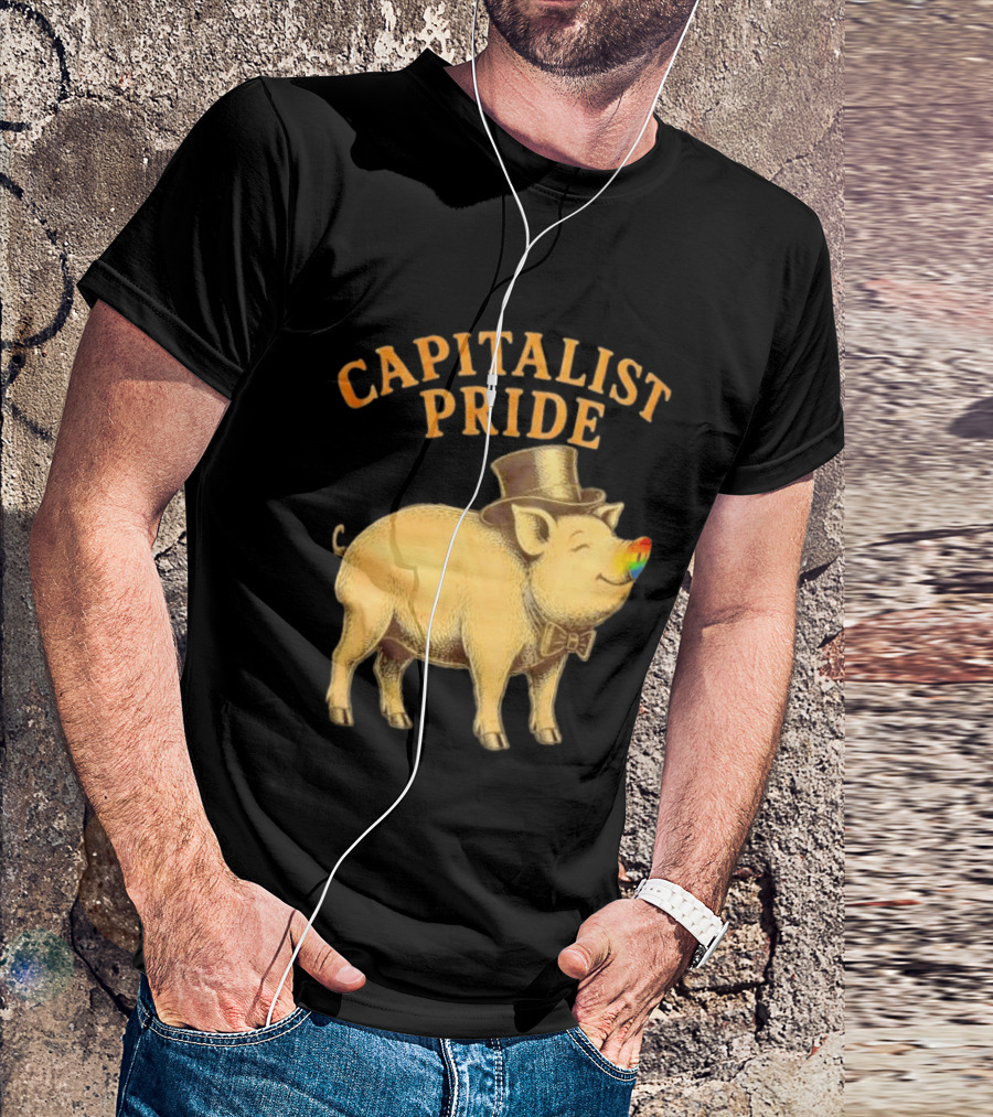 Capitalist Pride Pig With Rainbow Nose And Top Hat Bow Tie T-Shirt