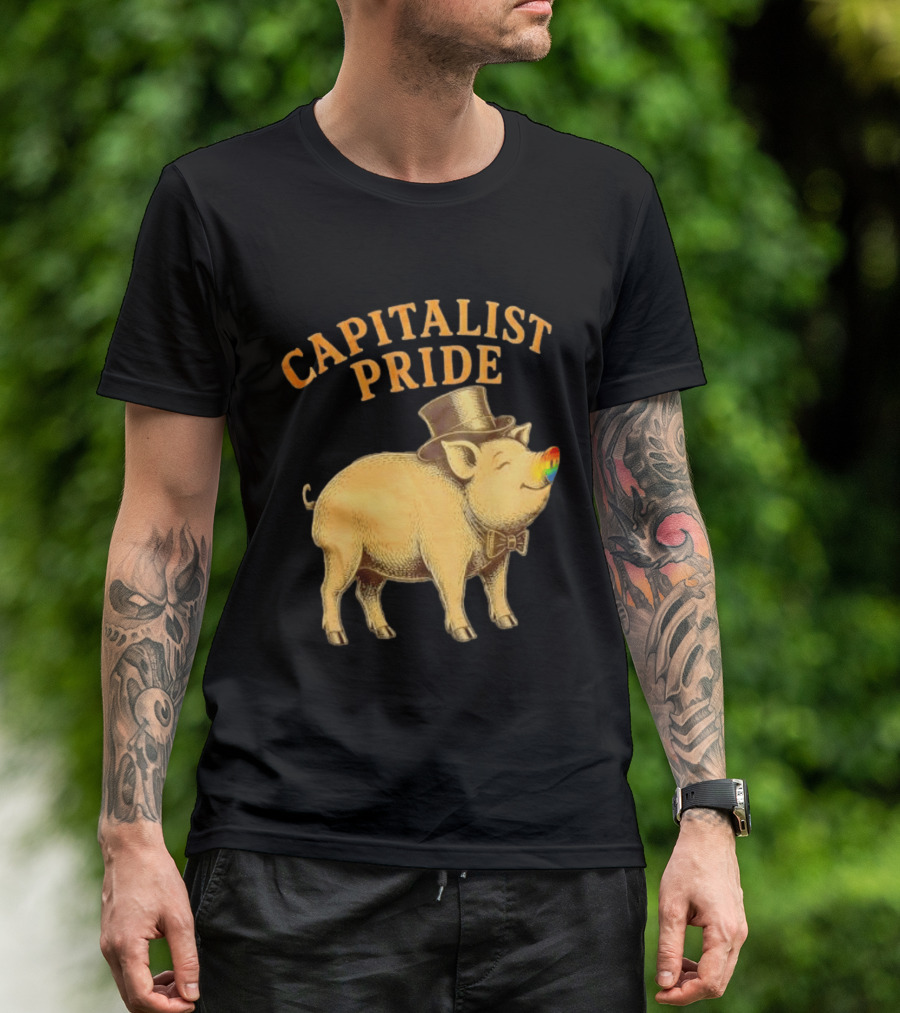 Capitalist Pride Pig With Rainbow Nose And Top Hat Bow Tie T-Shirt