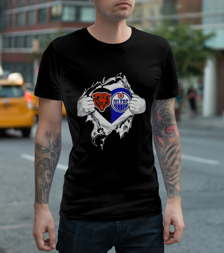 Chicago Bears And Edmonton Oilers Logo Heart Tear T-Shirt