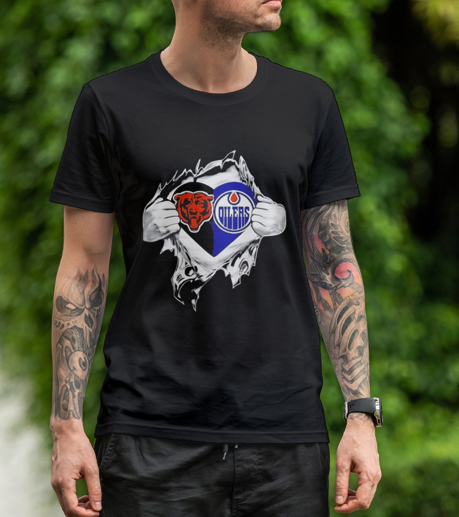 Chicago Bears And Edmonton Oilers Logo Heart Tear T-Shirt