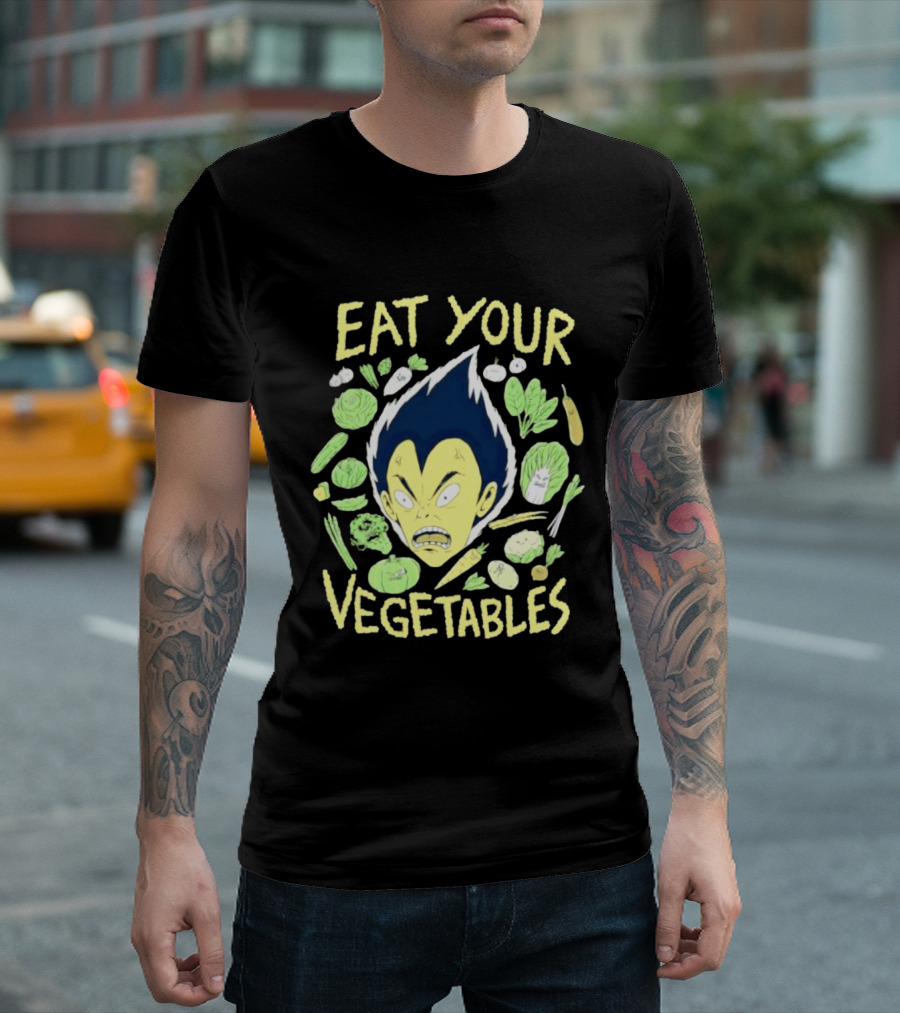 Vegeta Dragon Ball Z Eat Your Vegetables Anime Character Surrounded By Vegetables T-Shirt