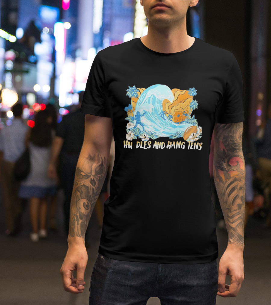 Los Angeles Chargers Tommy Bahama Huddle And Hang Tens Tropical Wave Football Scene T-Shirt