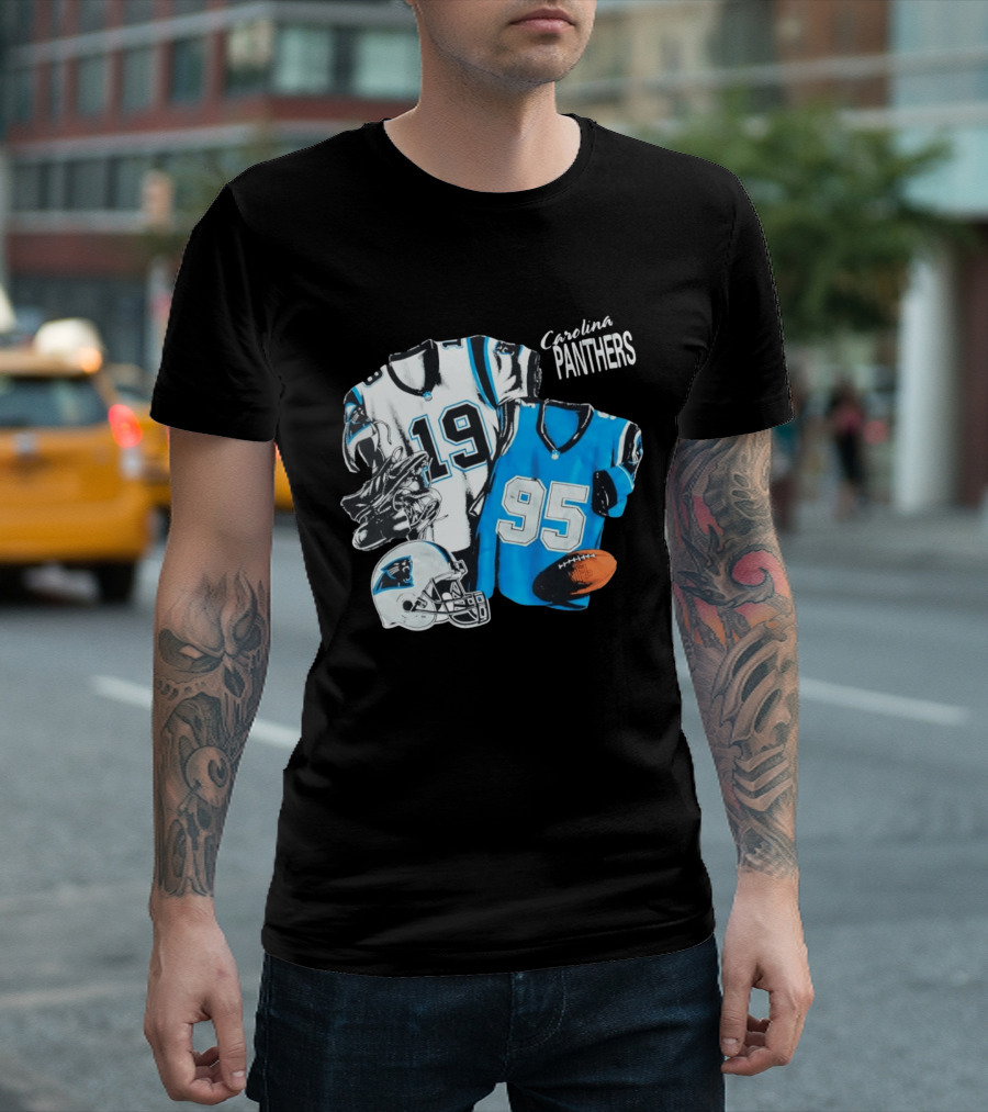 Carolina Panthers 19 95 Jerseys And Helmet With Football T-Shirt