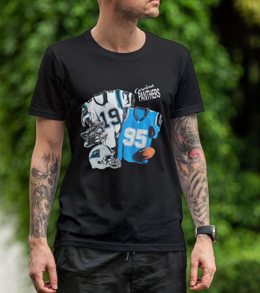 Carolina Panthers 19 95 Jerseys And Helmet With Football T-Shirt