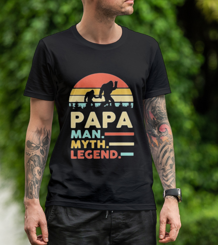 Papa Man Myth Legend Bigfoot Retro Sunset T-Shirt