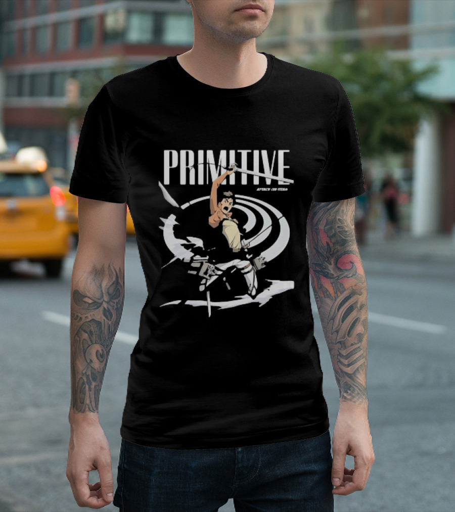 Primitive Attack On Titan Eren Yeager Swinging Sword Shingeki No Kyojin Adventure T-Shirt