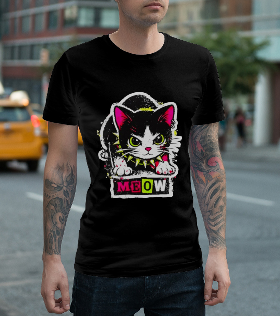Punk Rock Cat Studded Collar Meow For Music Fans And Cat Lovers T-Shirt