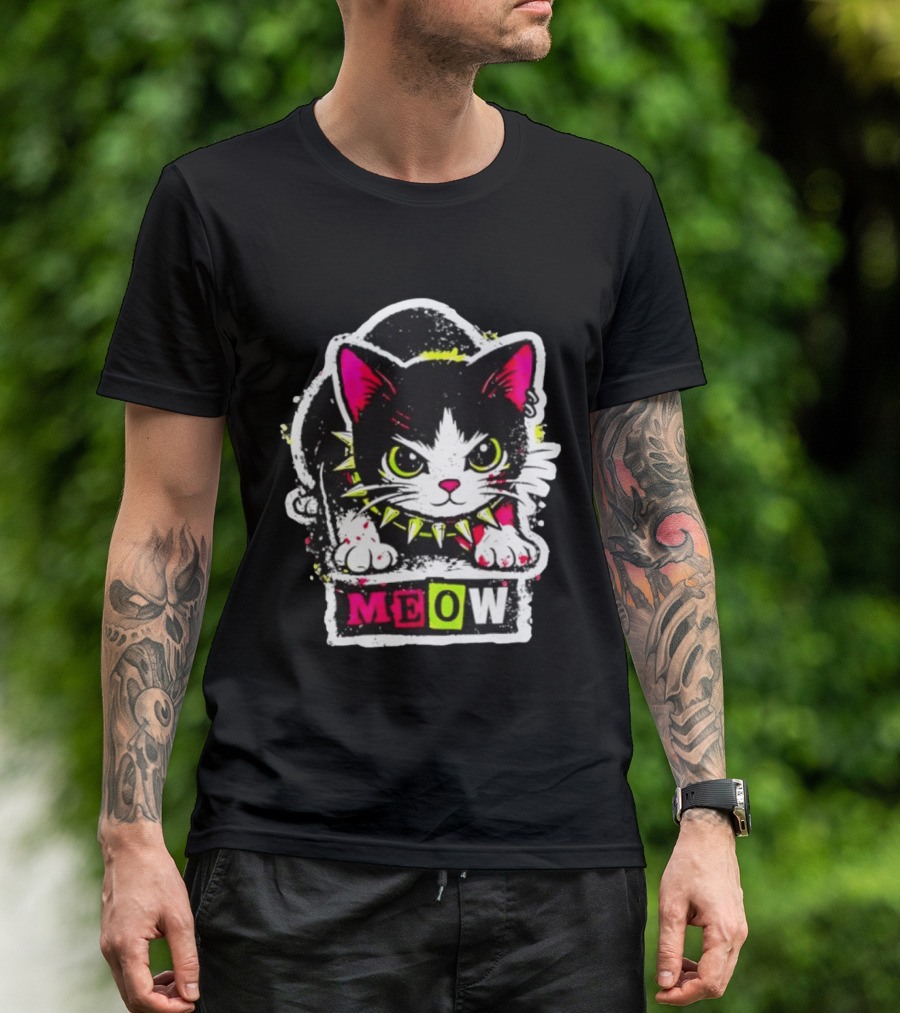 Punk Rock Cat Studded Collar Meow For Music Fans And Cat Lovers T-Shirt